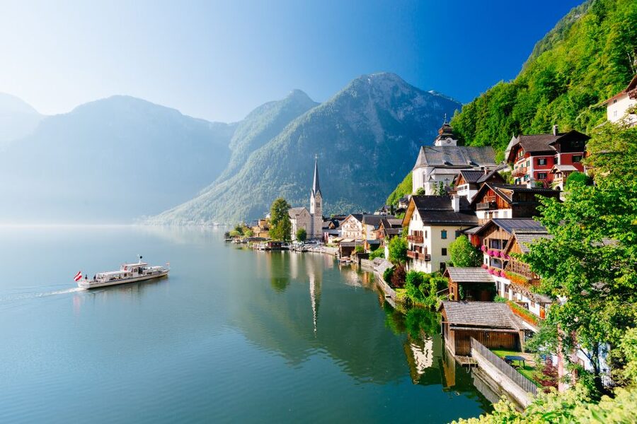 The lake and church spire at Hallstatt in the Salzkammergut